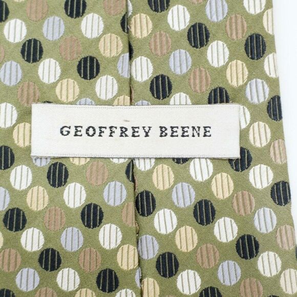 Geoffrey Beene Stain Resistant Green Black Tan Polka Dot Woven Wide‎ Silk Tie - Picture 3 of 7